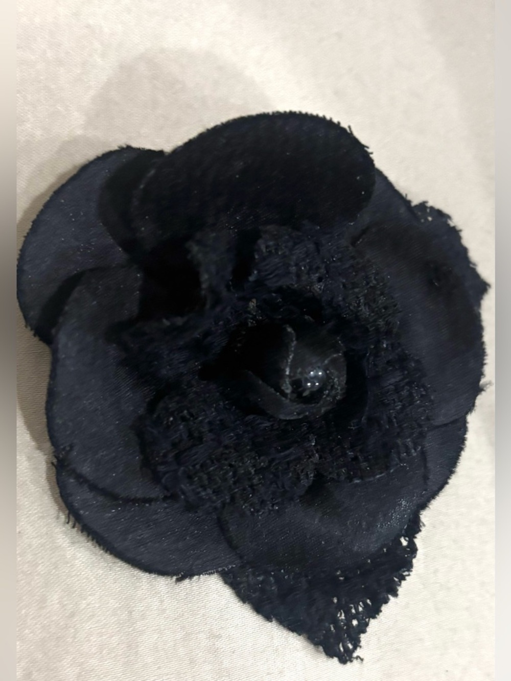 CHANEL Black Fabric Flower Brooch   CC logo